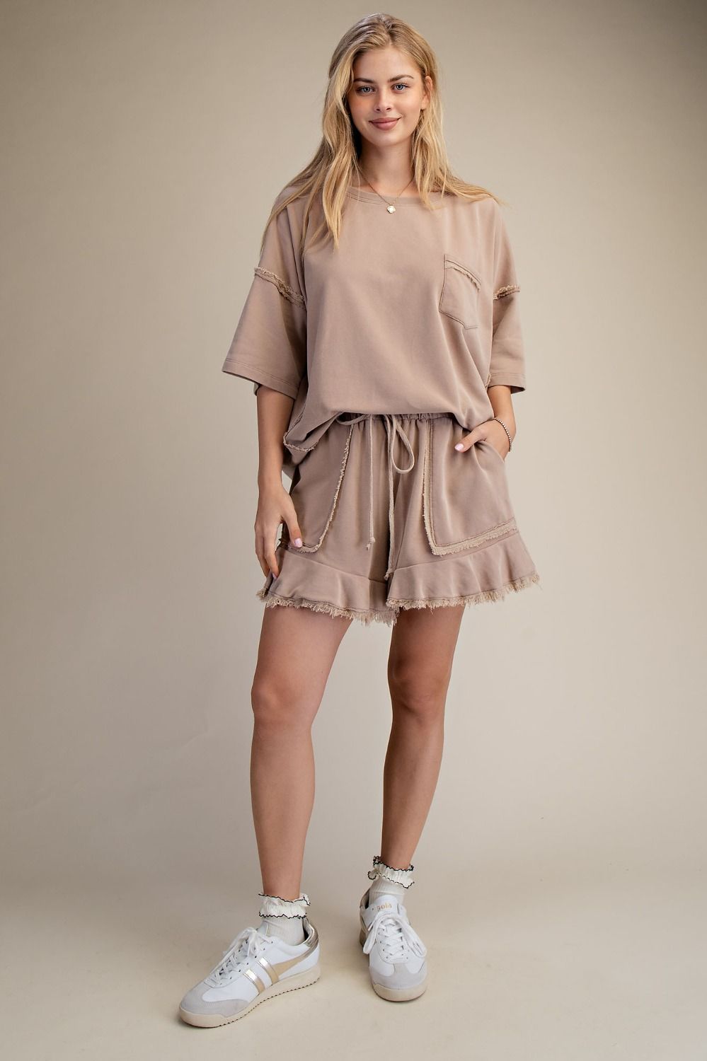 Mocha Ruffle Bottom Washed Shorts
