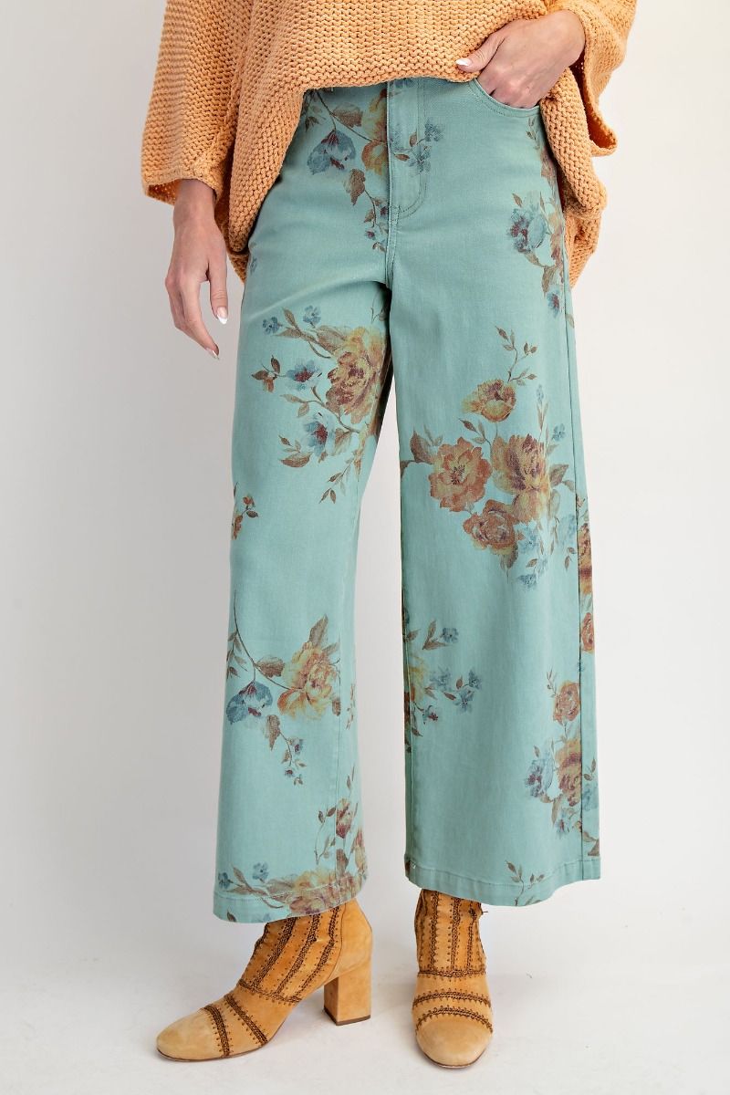 Mint Flower Print Twill Pants