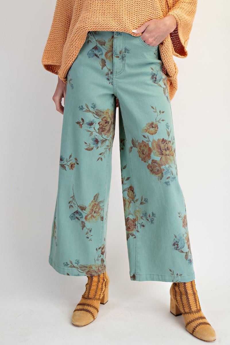 Mint Flower Print Twill Pants