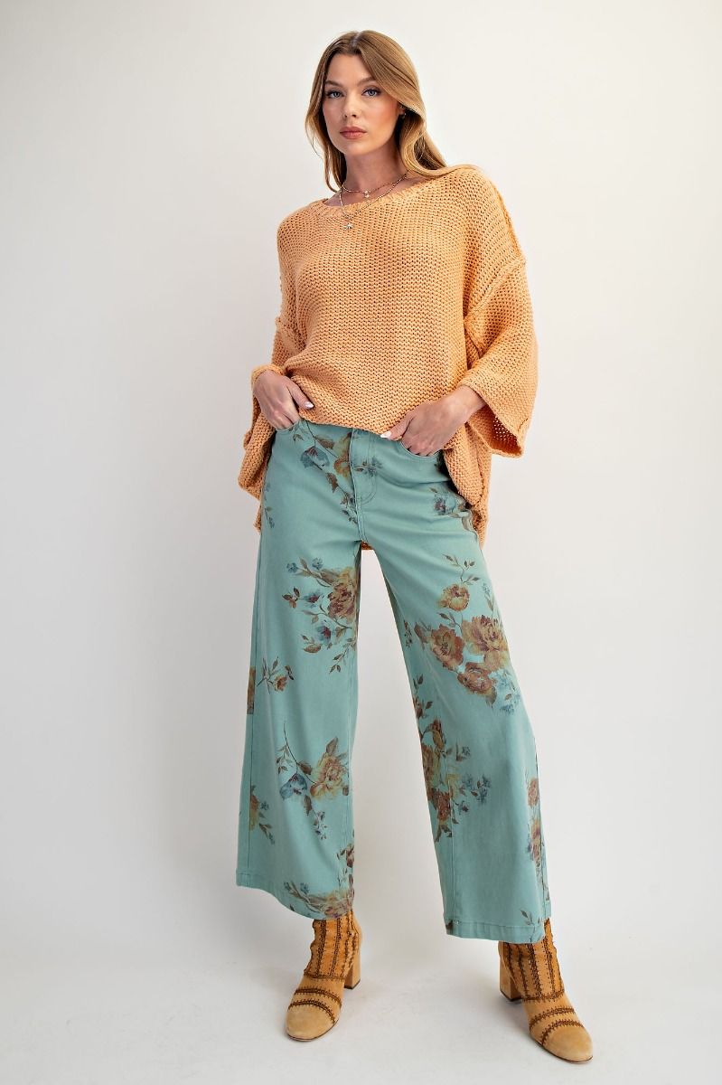 Mint Flower Print Twill Pants