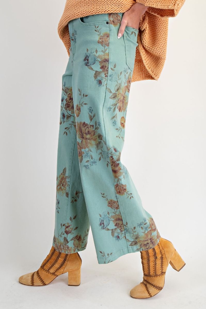 Mint Flower Print Twill Pants