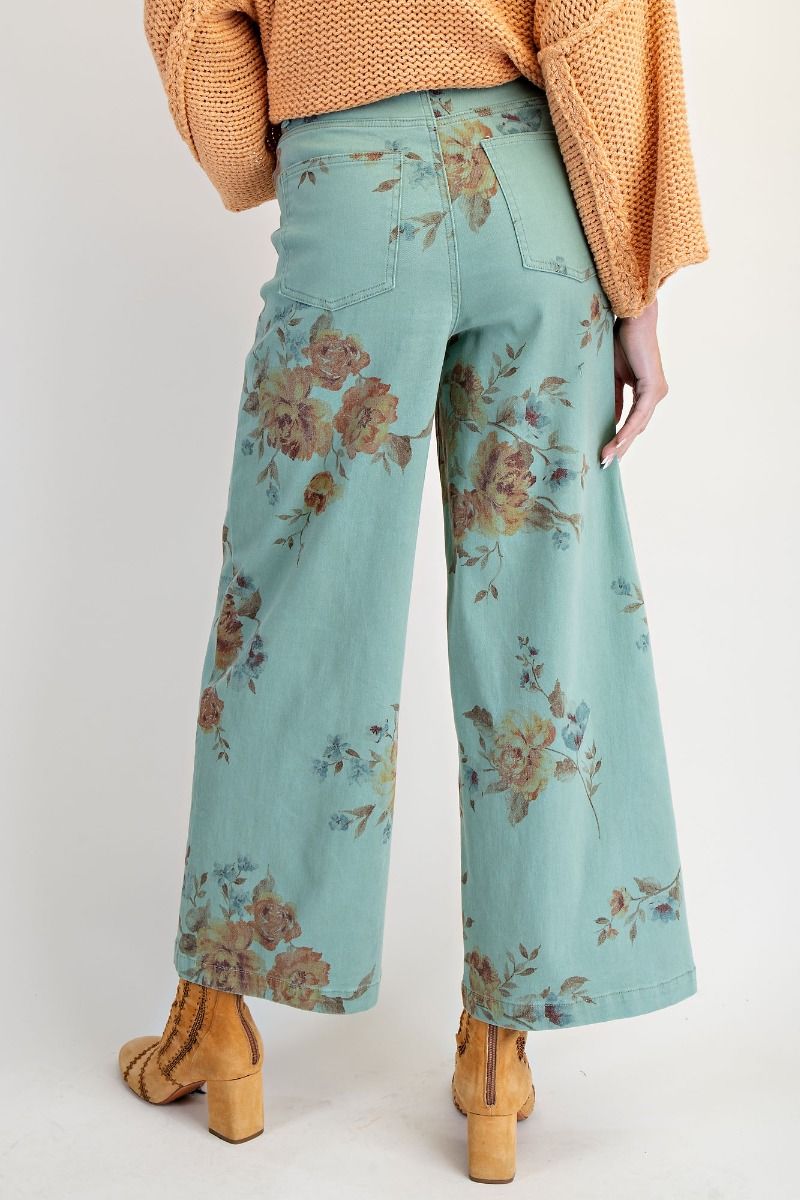 Mint Flower Print Twill Pants