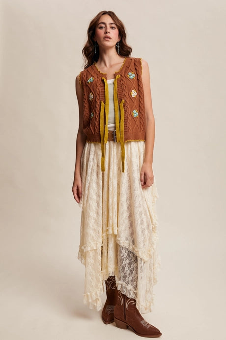 Brown Bow-Tie Floral Knit Vest