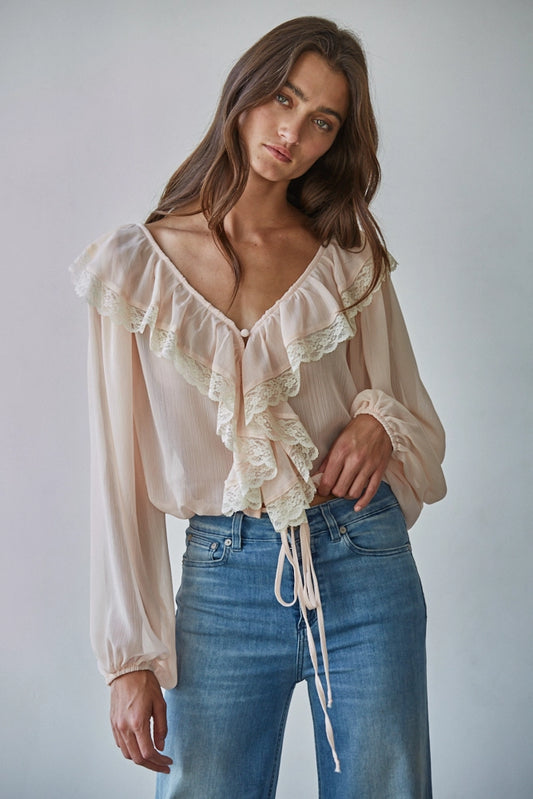 Soft Blush Chiffon Long Sleeve Ruffle Top