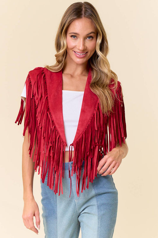Red Western Fringe Suede Collar Shrug