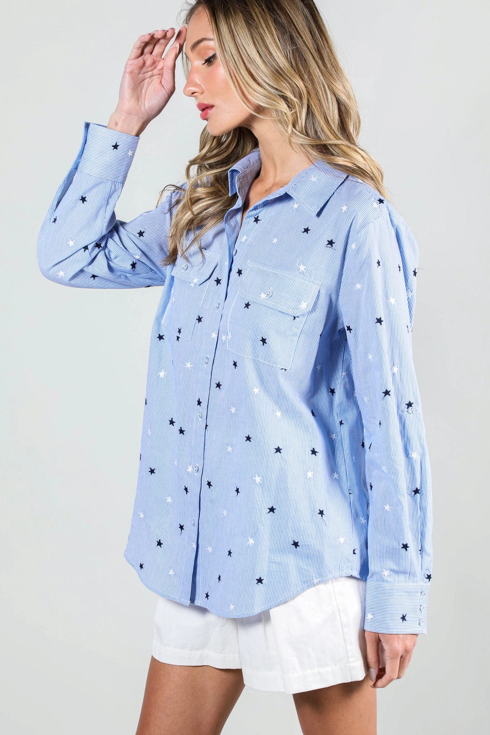Star Embroidery Stripe Collared Button Up Top