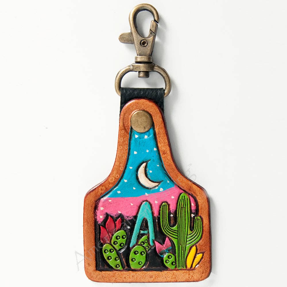 Tooled Leather Keychain Desert Night Scene with Cactus & Moon