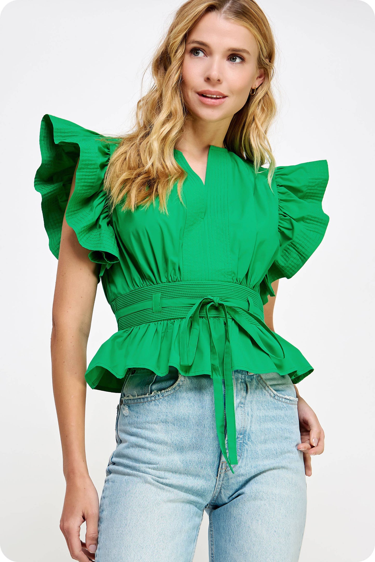 Flutter Sleeve Peplum Poplin Top: Red / S