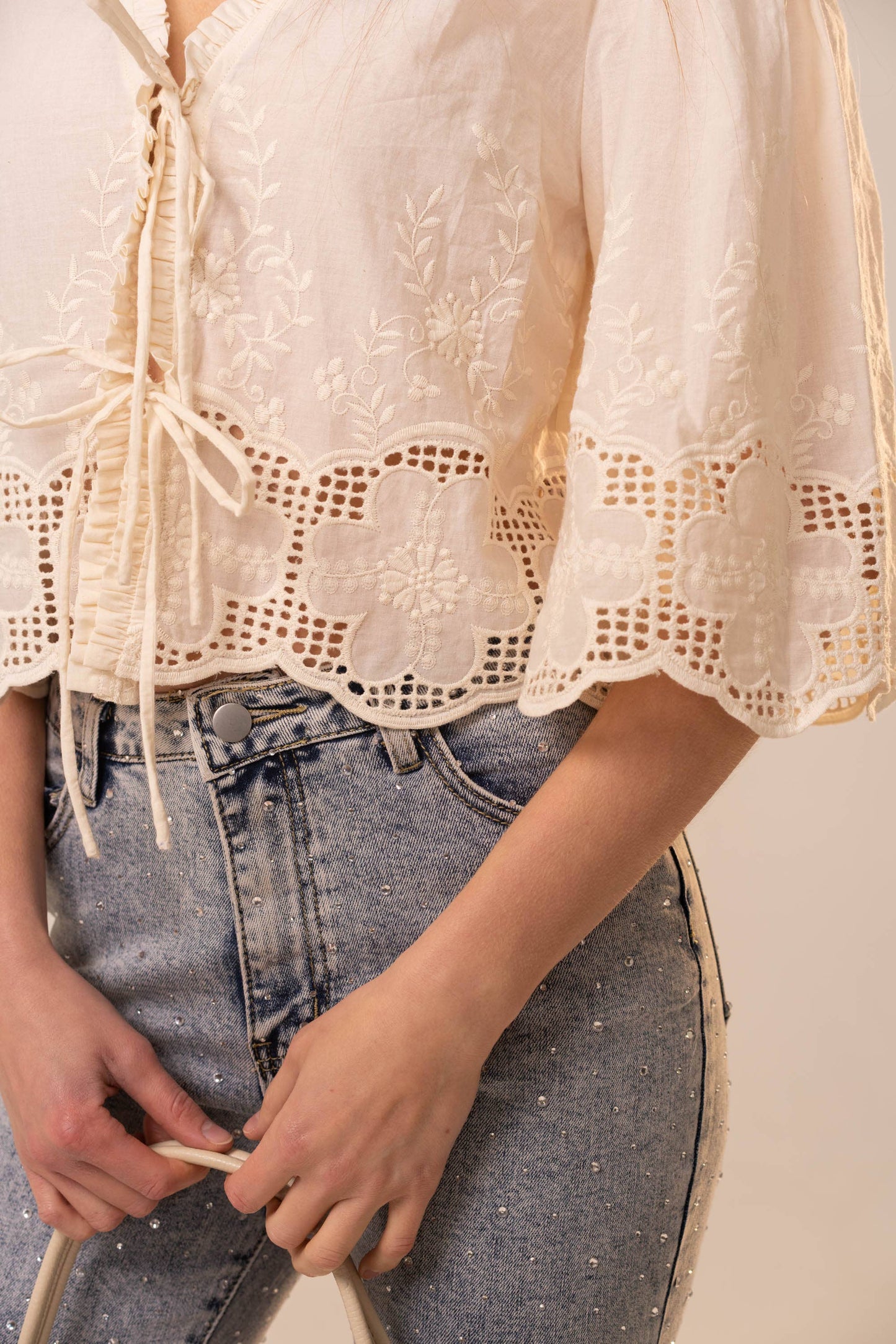 Ivory Puff Sleeve Embroidered Eyelet Tie Blouse