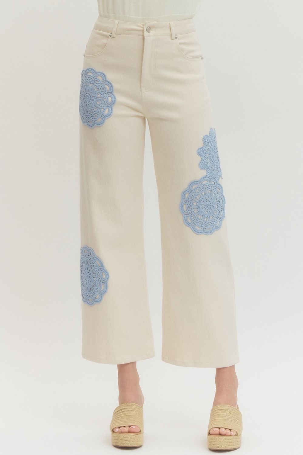 Cream Pants with Blue Lace Details