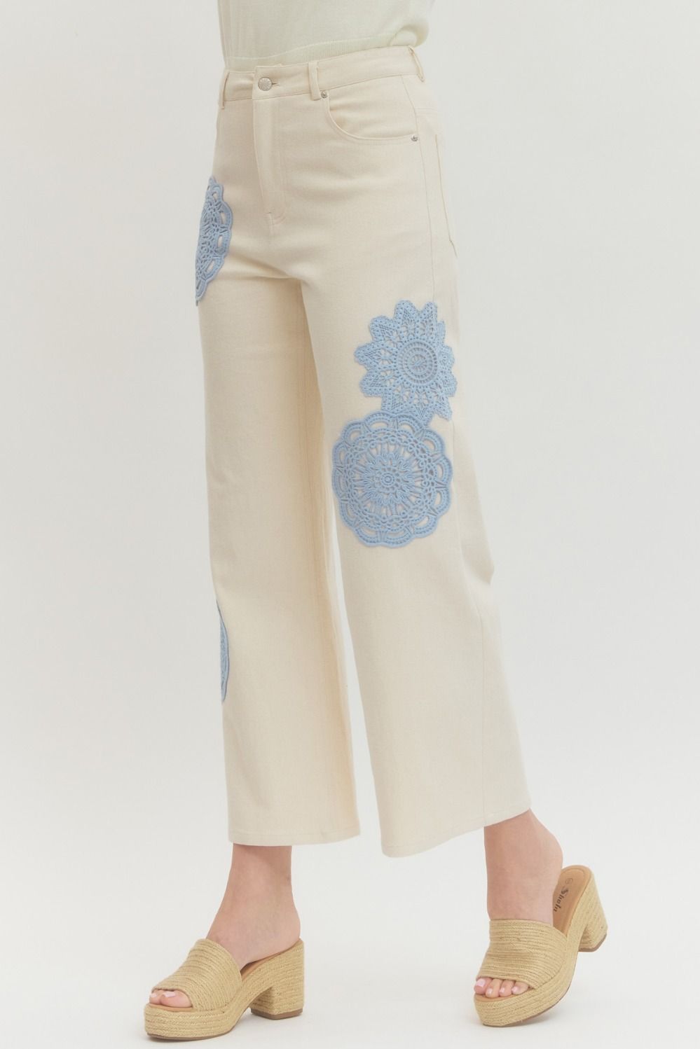 Cream Pants with Blue Lace Details