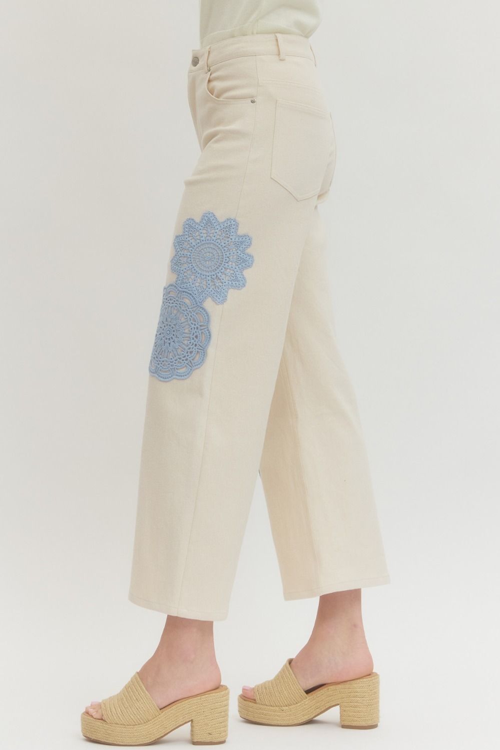 Cream Pants with Blue Lace Details