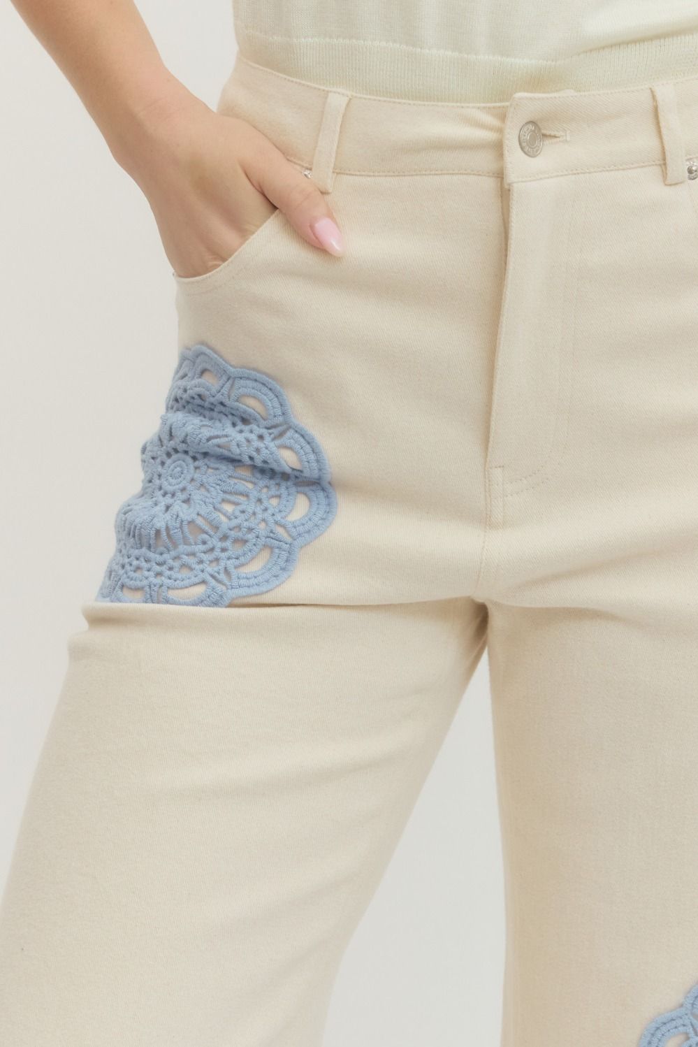 Cream Pants with Blue Lace Details