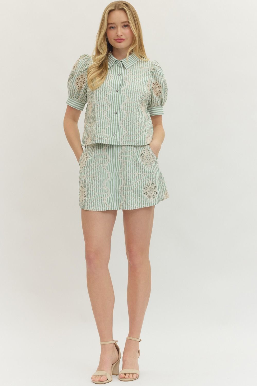 Green Striped Lace Skort