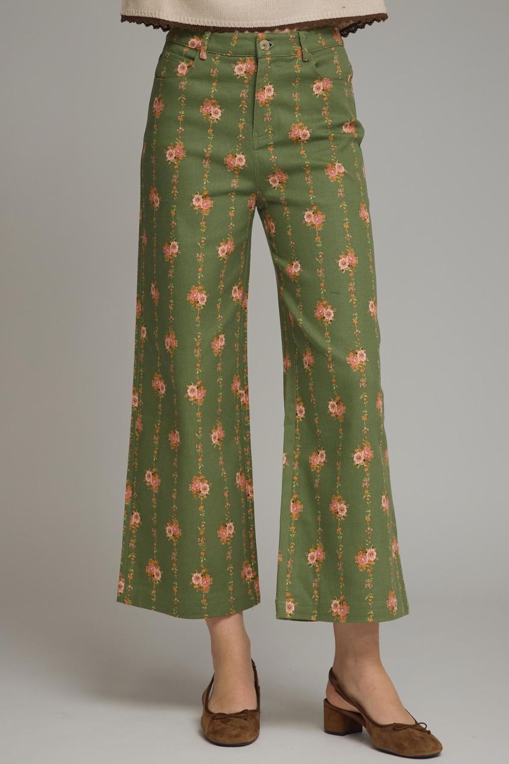 Olive Floral Wide Leg Pants