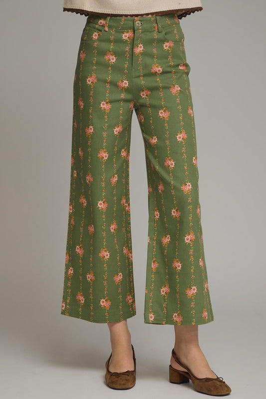 Olive Floral Wide Leg Pants