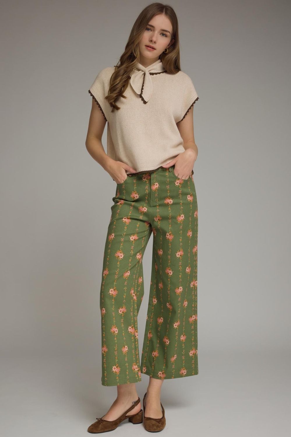 Olive Floral Wide Leg Pants