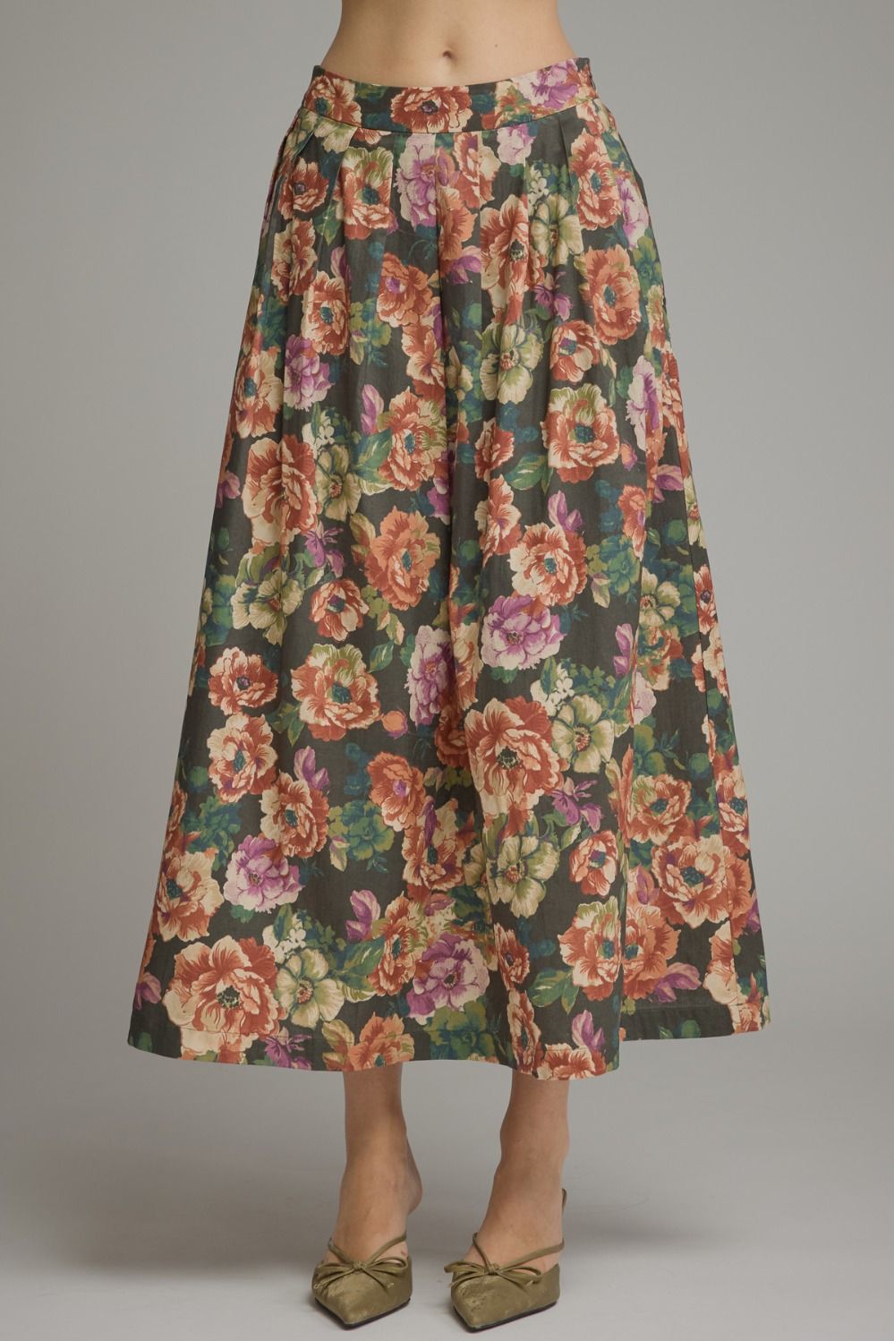 Burgundy and Pine Floral Midi Skirt