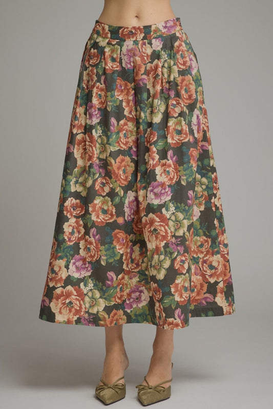 Burgundy and Pine Floral Midi Skirt