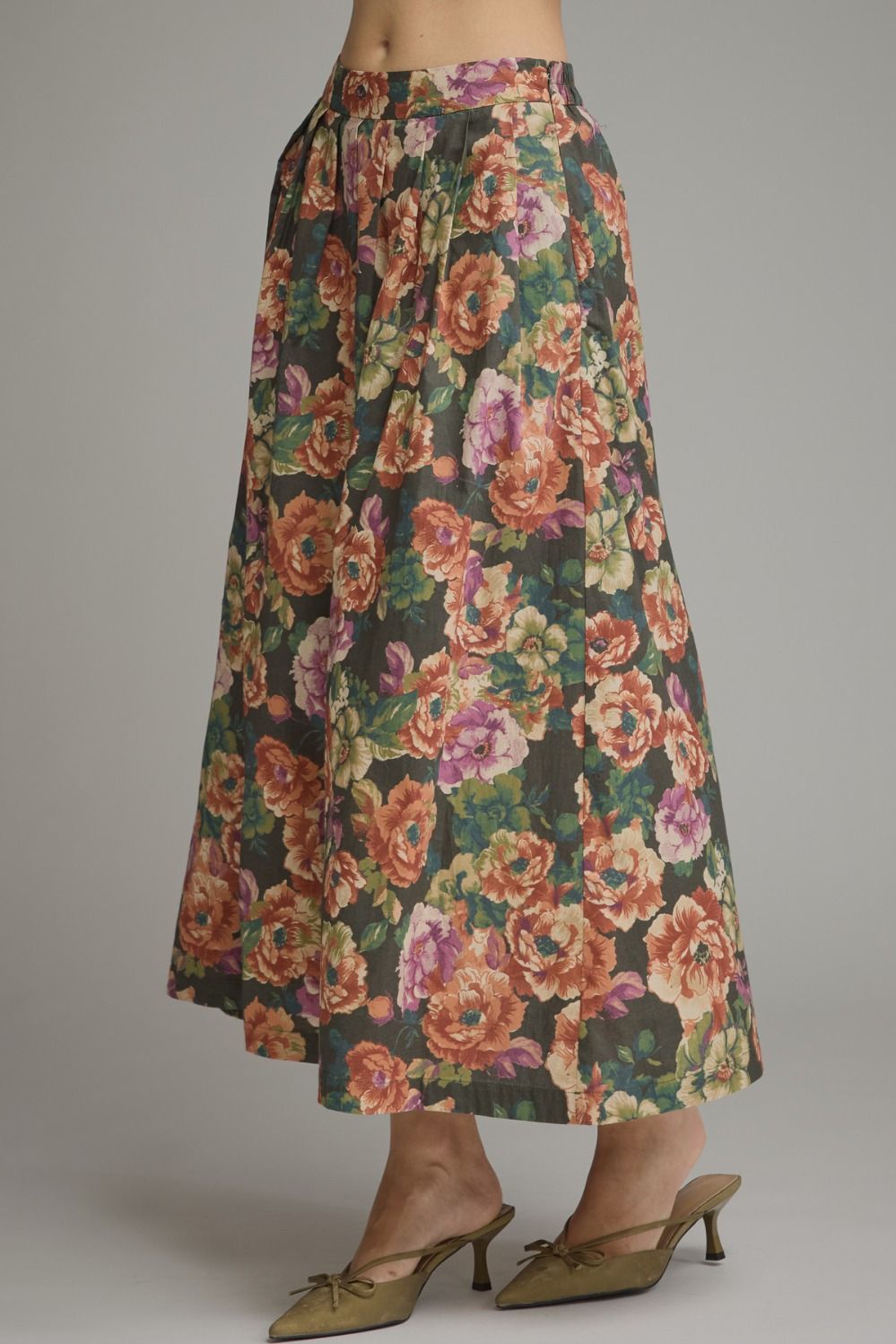 Burgundy and Pine Floral Midi Skirt