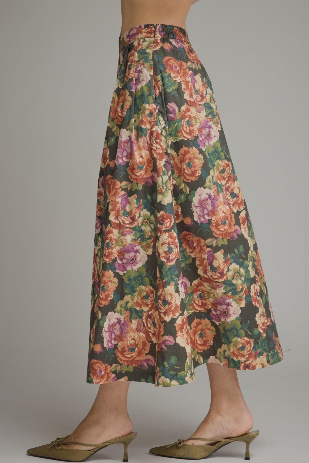 Burgundy and Pine Floral Midi Skirt