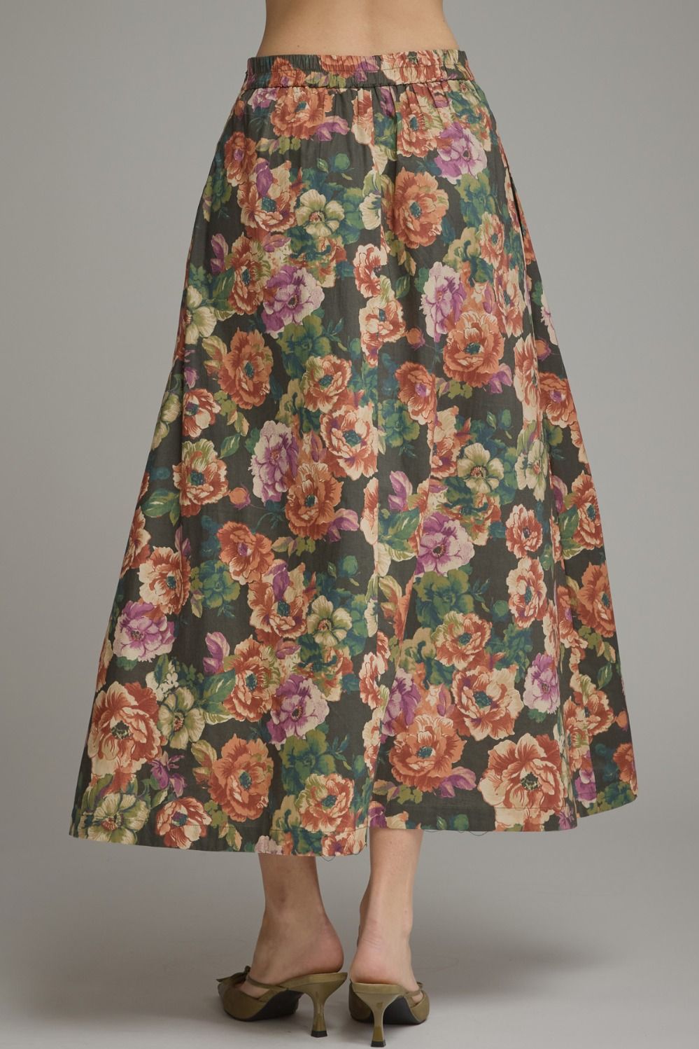 Burgundy and Pine Floral Midi Skirt