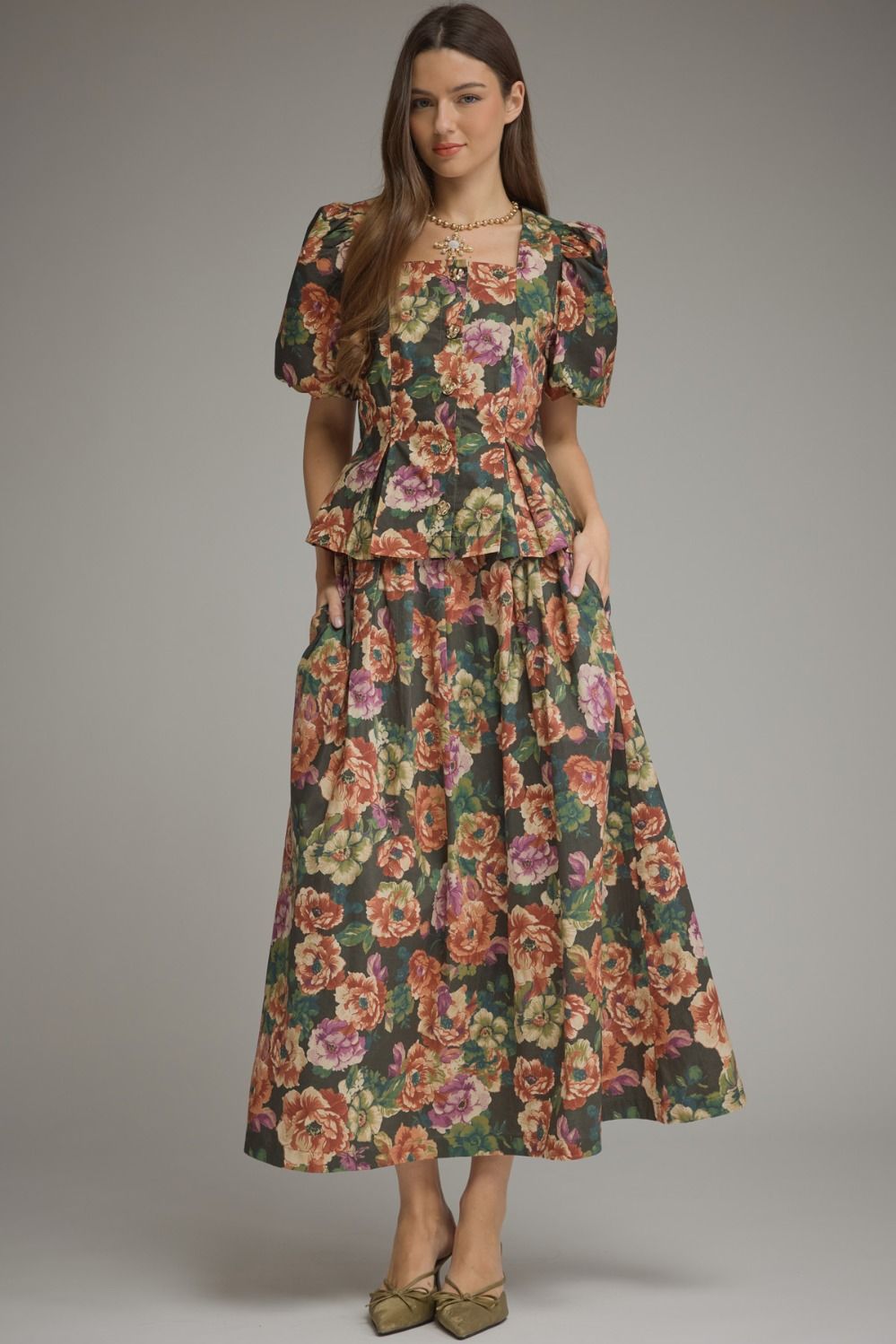 Burgundy and Pine Floral Midi Skirt