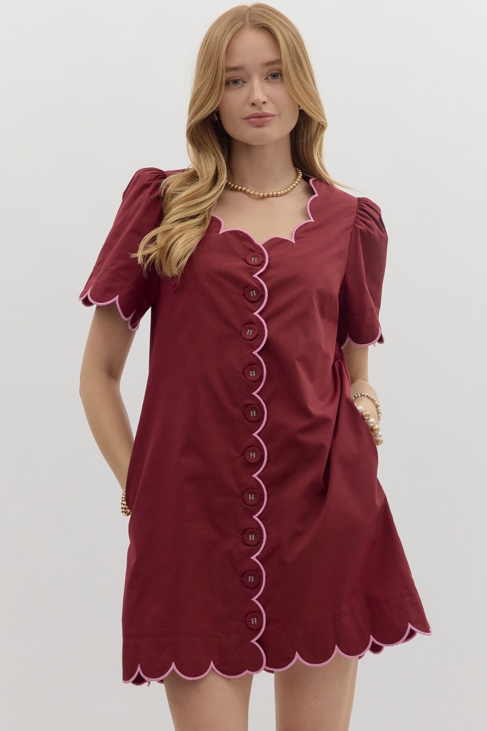 Burgundy Scallop Mini Dress