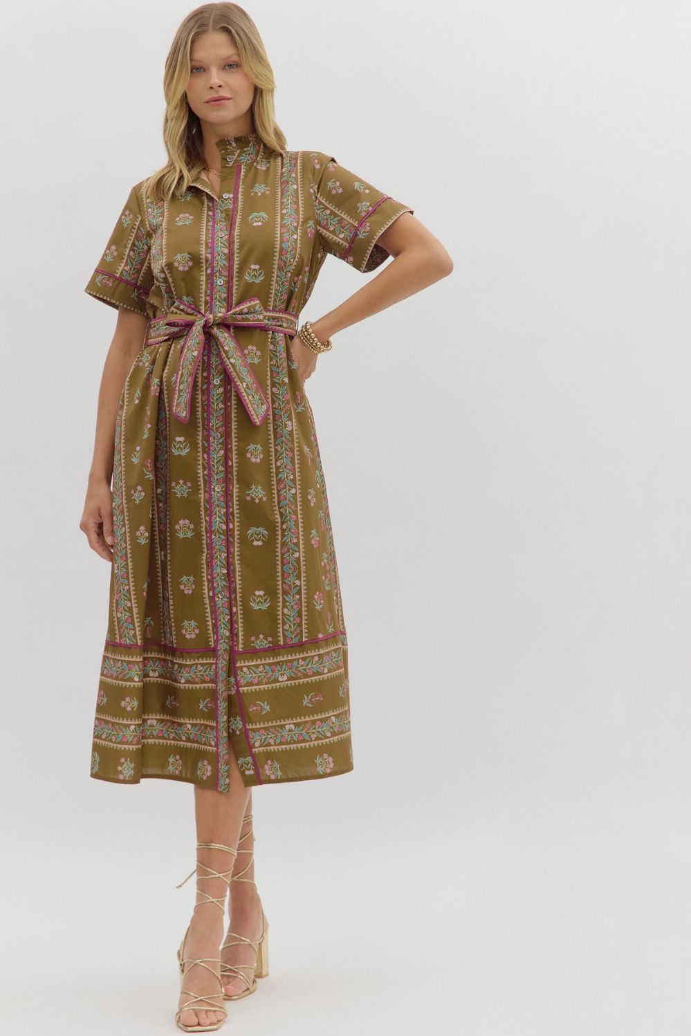Olive Bloom Belted Midi Dress