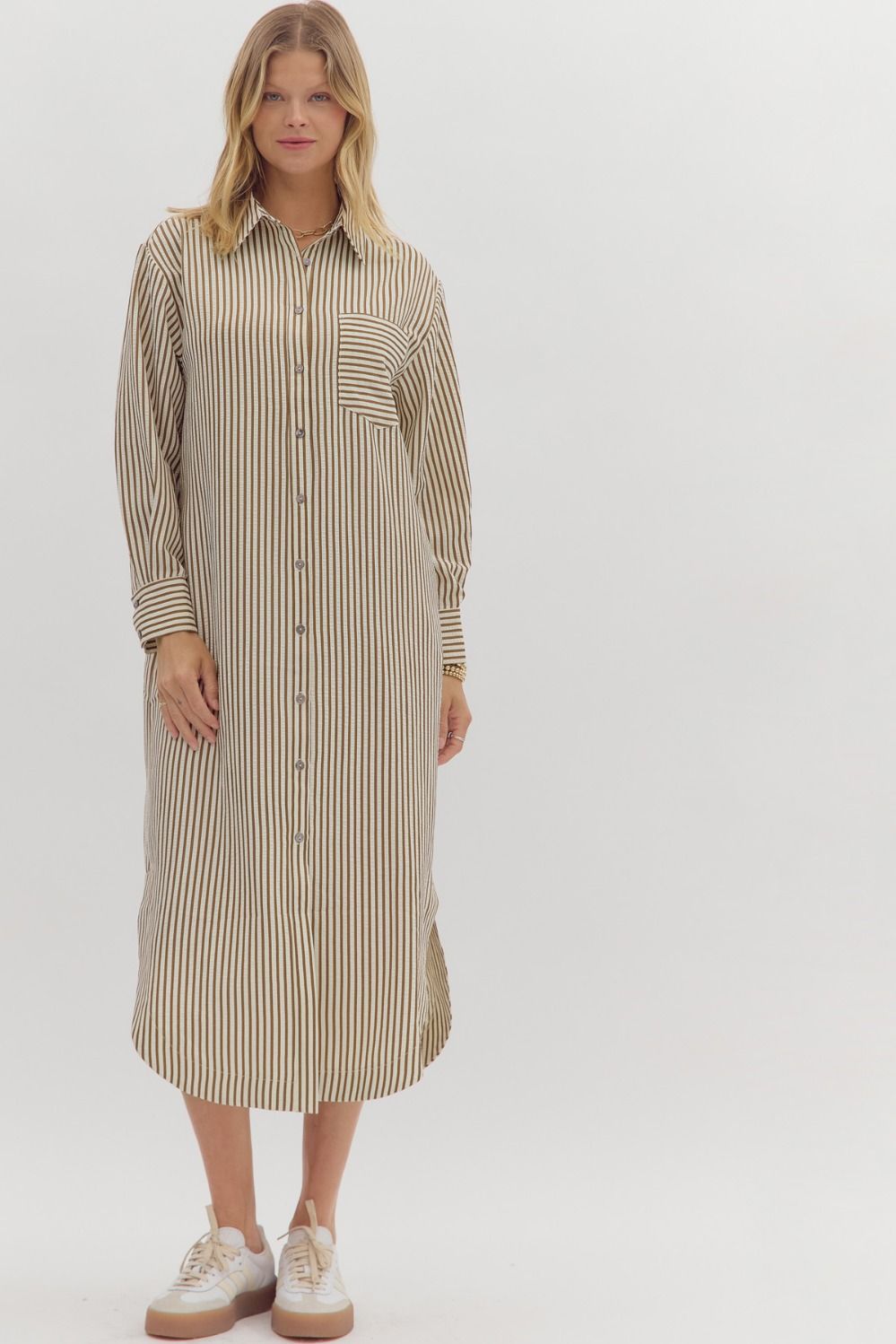 Camel Stripe Shirt Dress