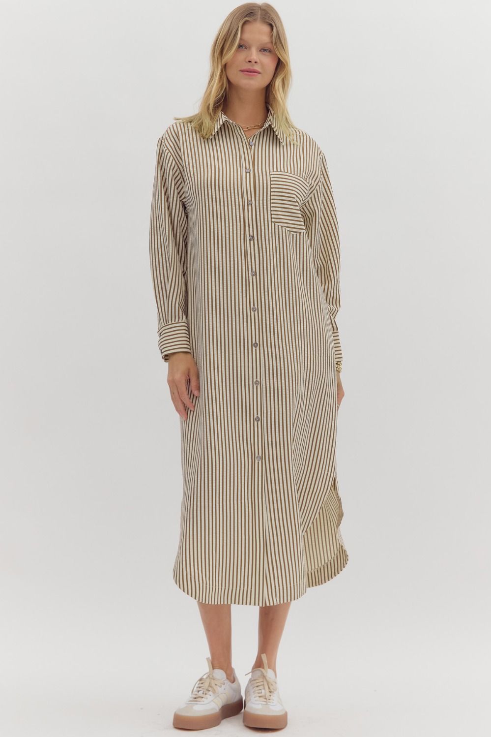 Camel Stripe Shirt Dress