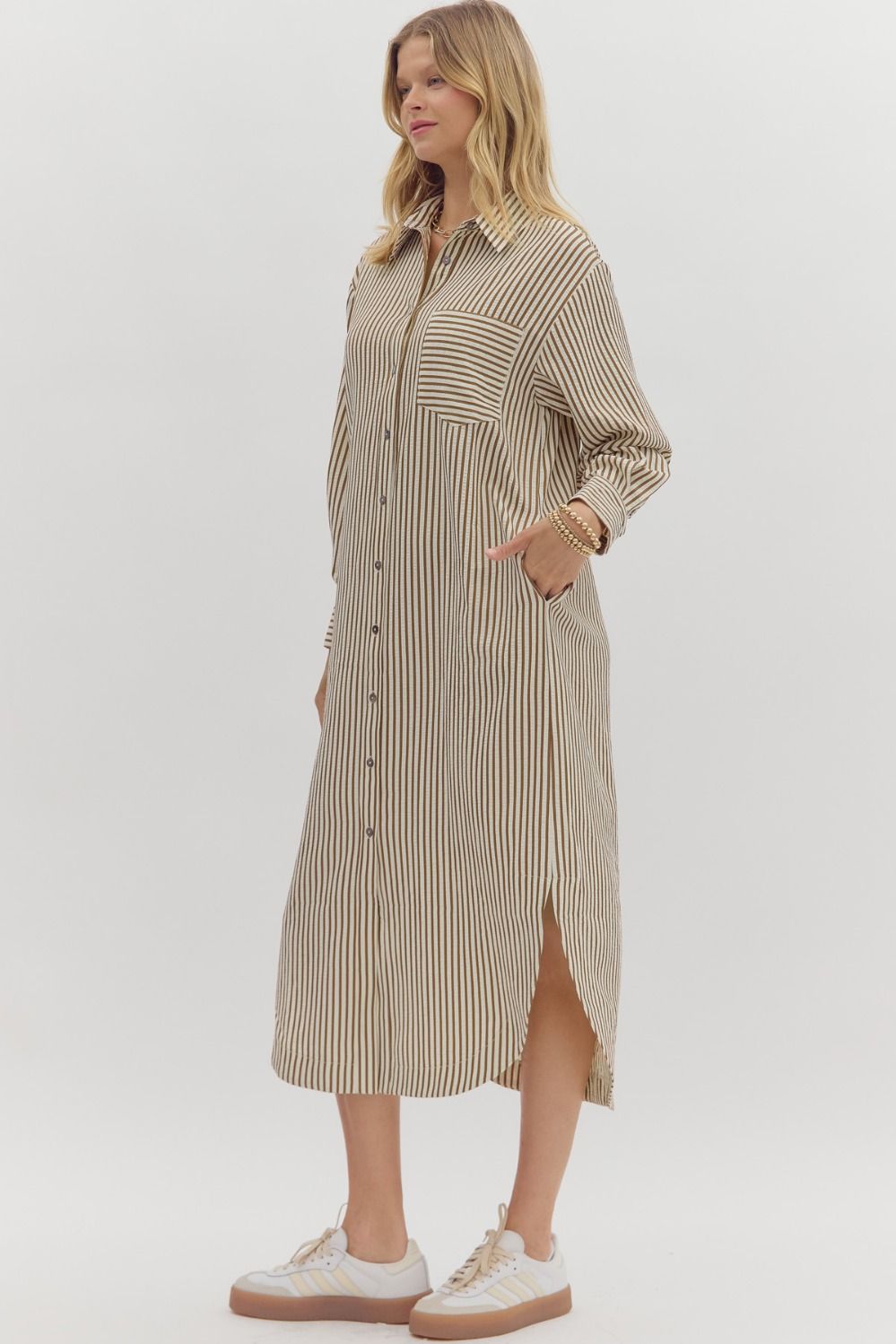 Camel Stripe Shirt Dress