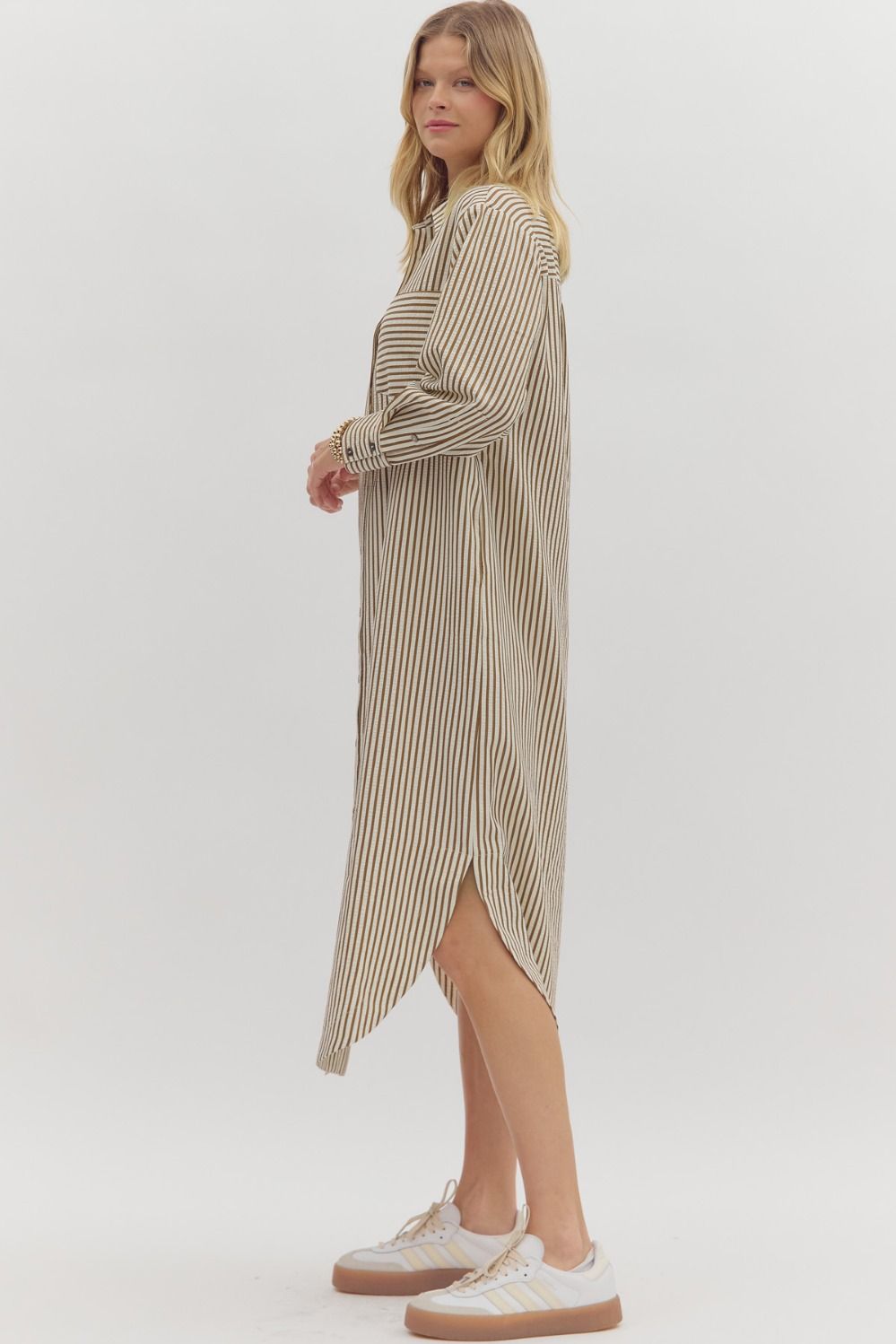 Camel Stripe Shirt Dress