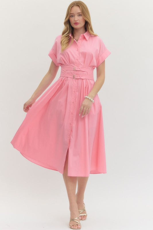 Blush Pink Collared Button-Front Midi Dress with Double Belt