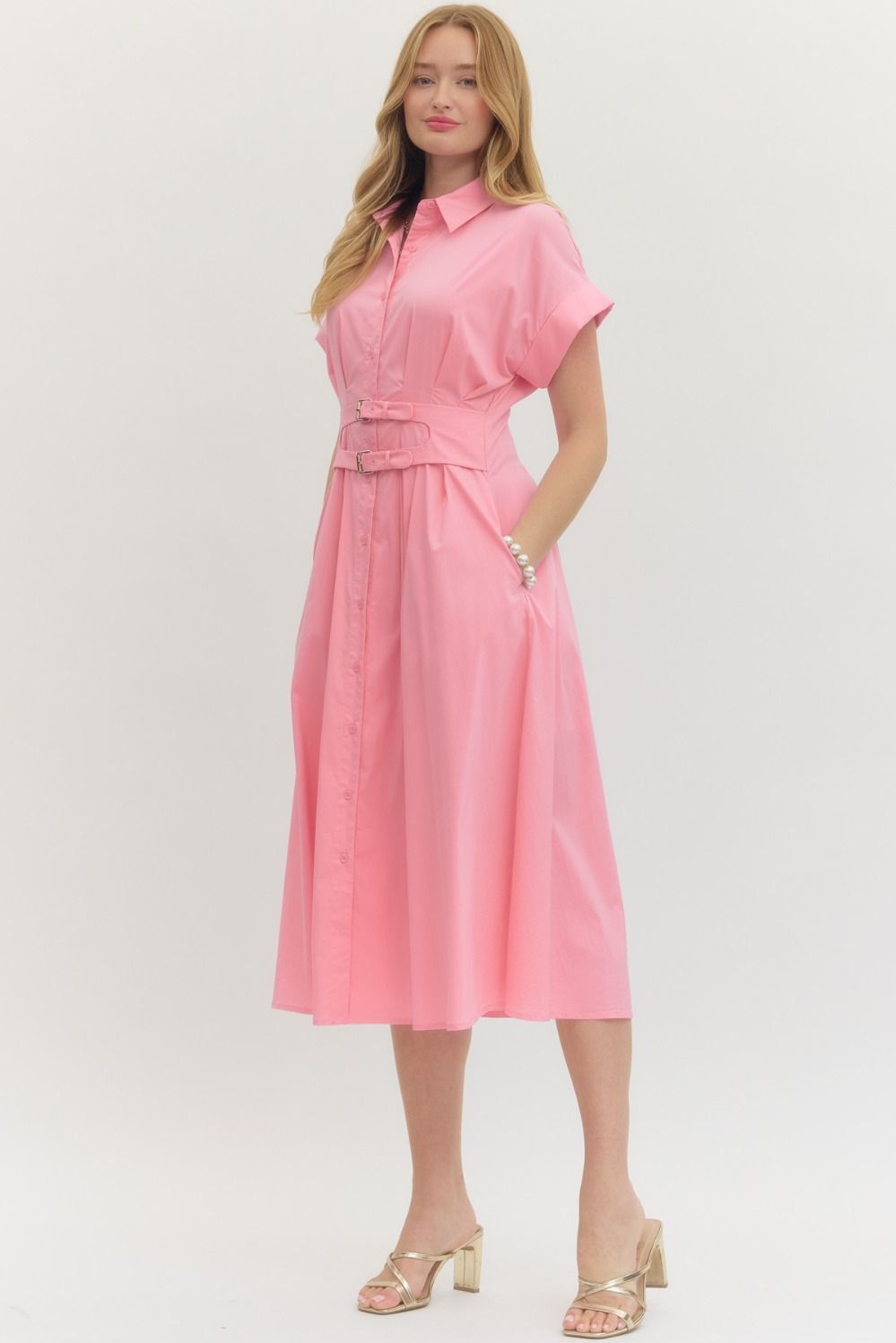 Blush Pink Collared Button-Front Midi Dress with Double Belt