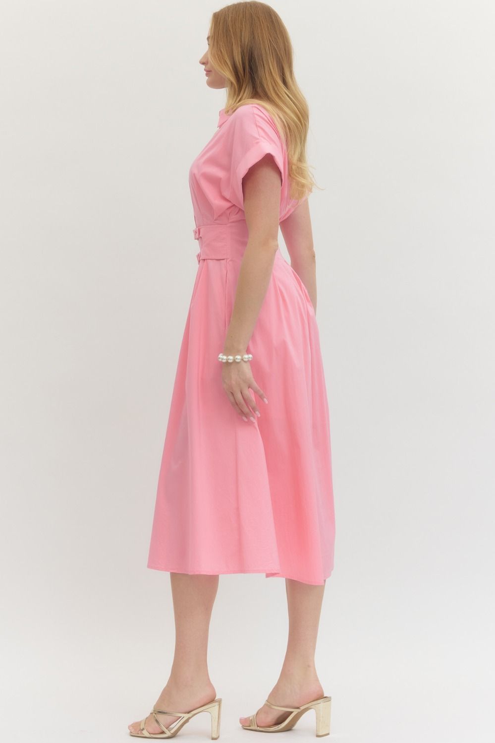 Blush Pink Collared Button-Front Midi Dress with Double Belt