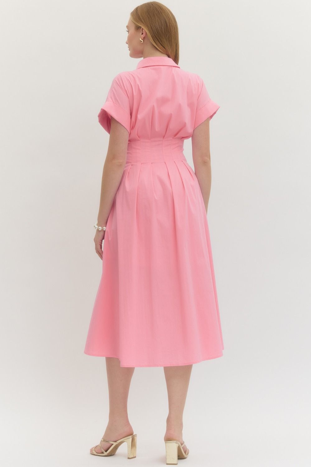 Blush Pink Collared Button-Front Midi Dress with Double Belt