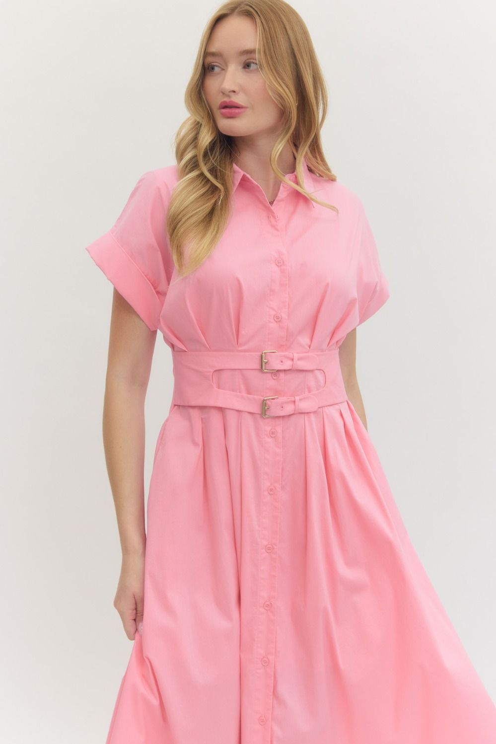 Blush Pink Collared Button-Front Midi Dress with Double Belt