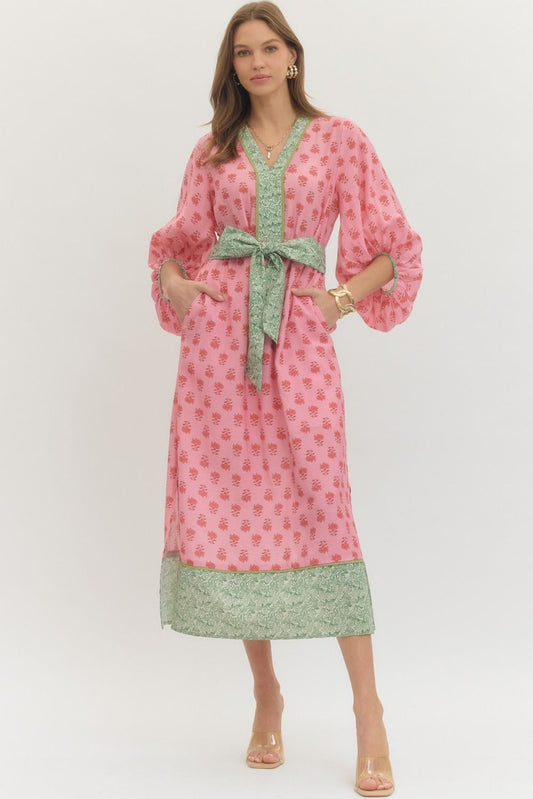 Floral Contrast Trim Midi Dress with Self-Tie Waist & Pockets