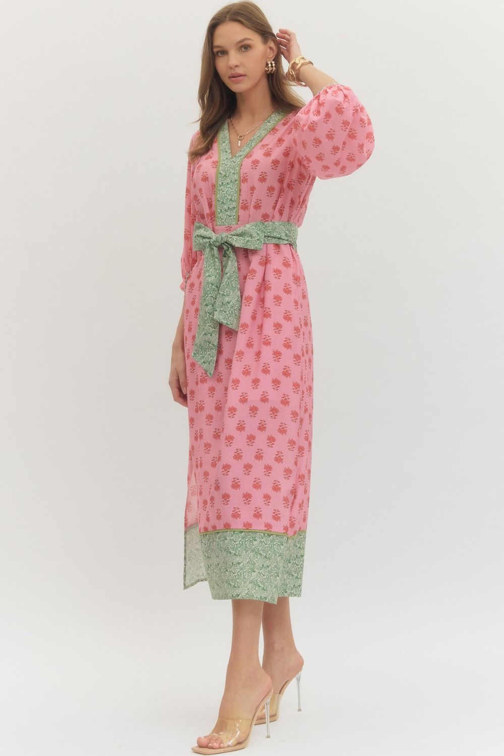 Floral Contrast Trim Midi Dress with Self-Tie Waist & Pockets