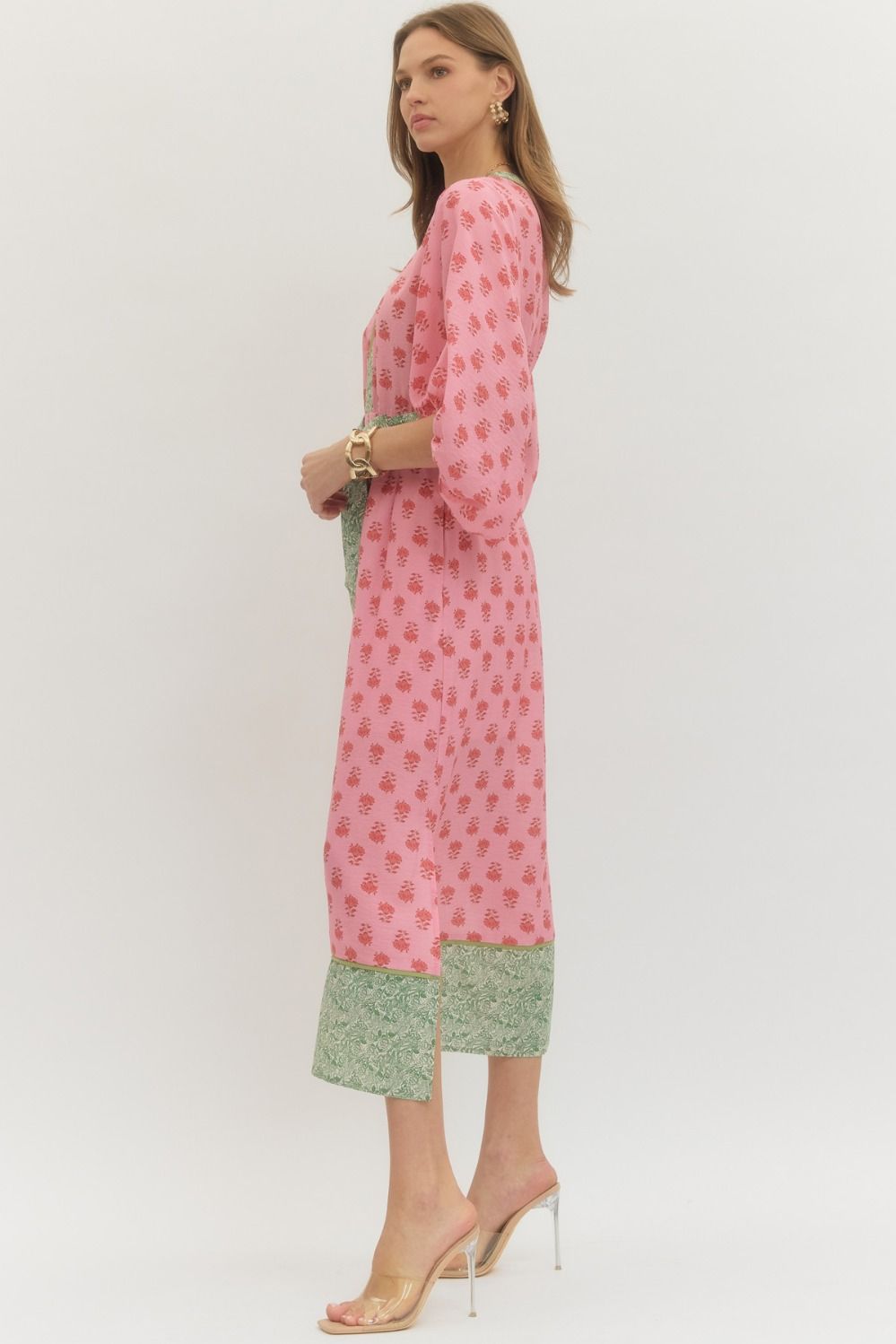 Floral Contrast Trim Midi Dress with Self-Tie Waist & Pockets