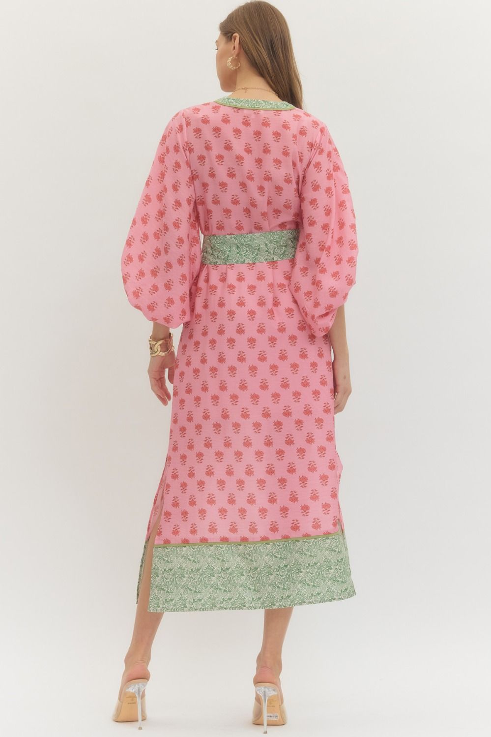 Floral Contrast Trim Midi Dress with Self-Tie Waist & Pockets