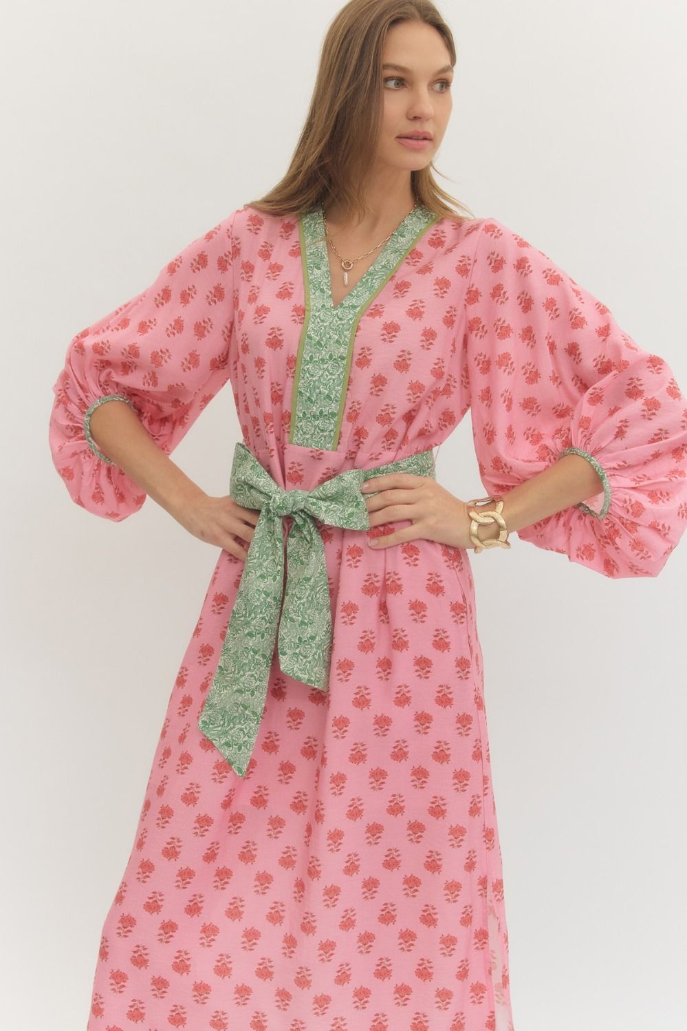 Floral Contrast Trim Midi Dress with Self-Tie Waist & Pockets