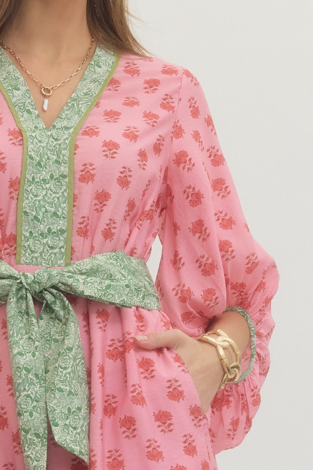 Floral Contrast Trim Midi Dress with Self-Tie Waist & Pockets