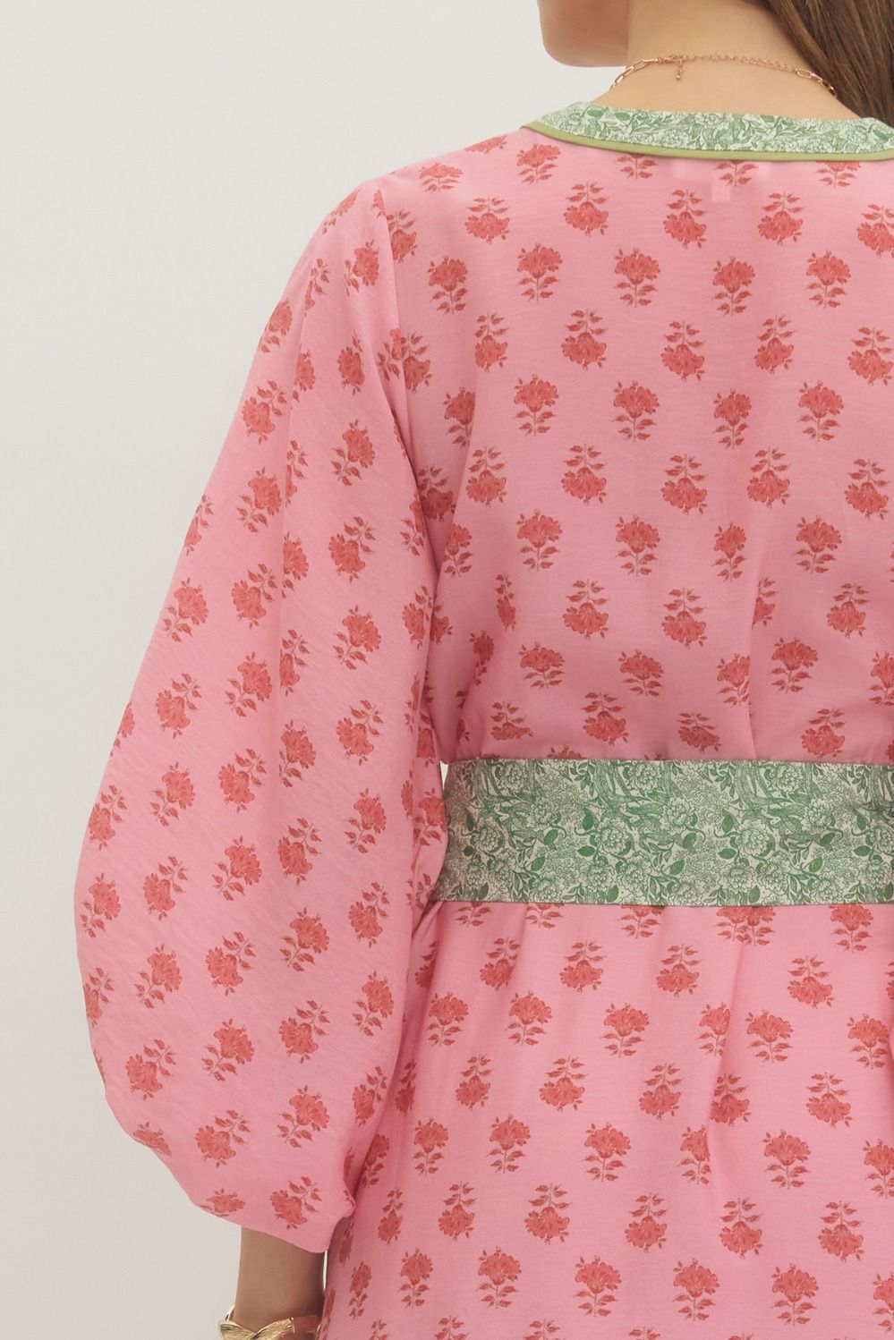 Floral Contrast Trim Midi Dress with Self-Tie Waist & Pockets