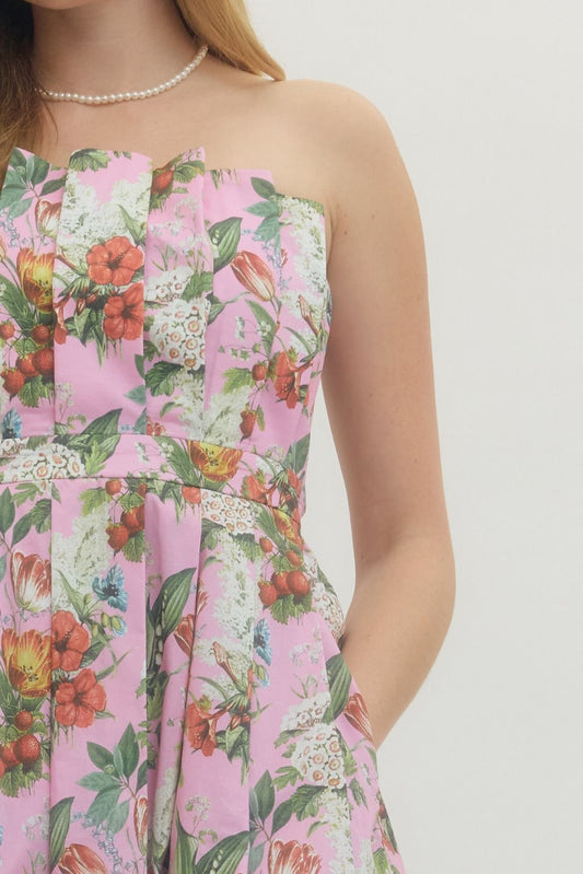 Pink Floral Strapless Midi Dress