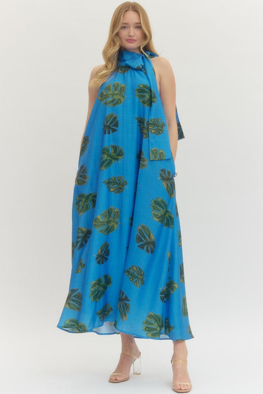 Sky Blue Leaf Halter Maxi Dress