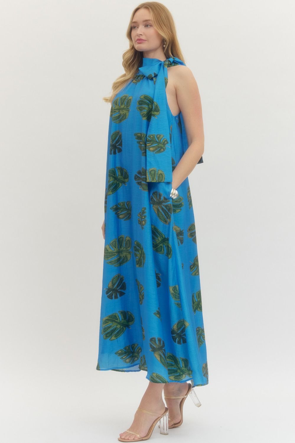 Sky Blue Leaf Halter Maxi Dress