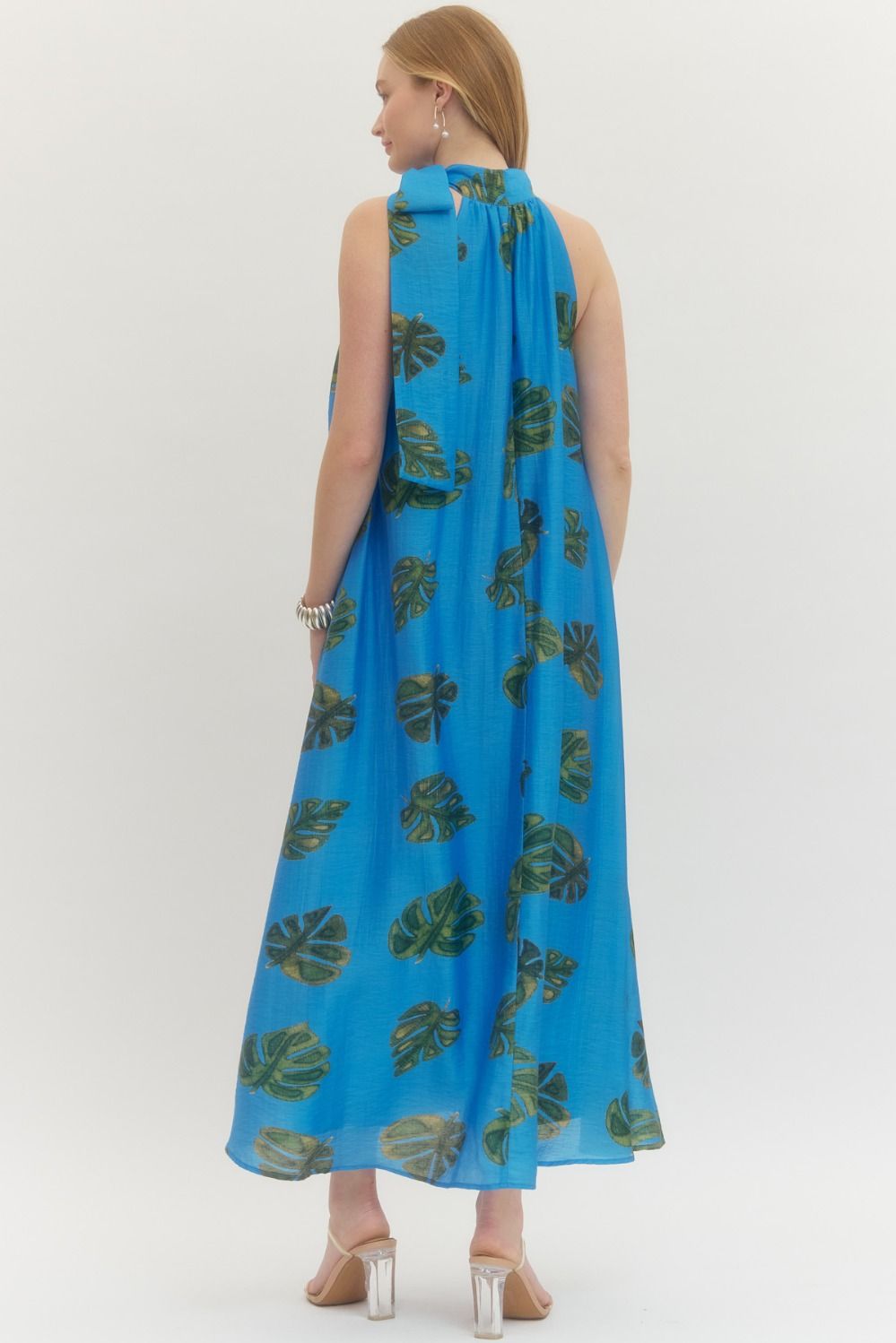 Sky Blue Leaf Halter Maxi Dress