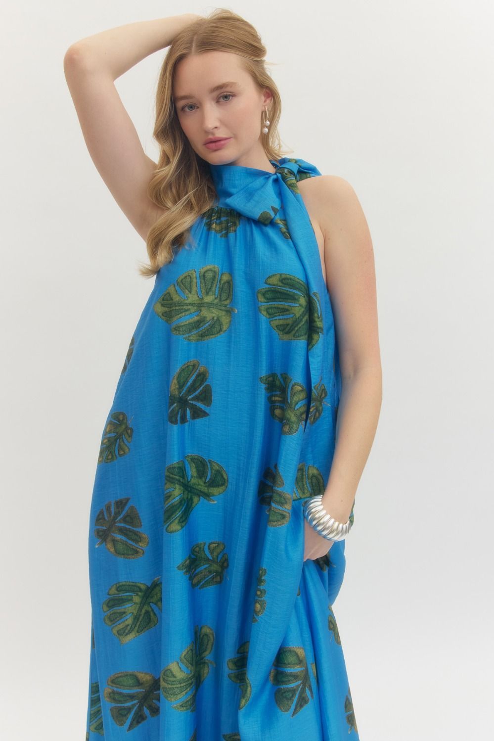 Sky Blue Leaf Halter Maxi Dress